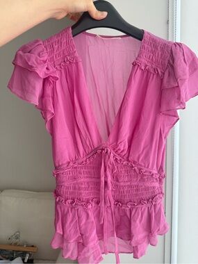 LoveShackFancy Fuchsia Tie-Front Ruffle Blouse